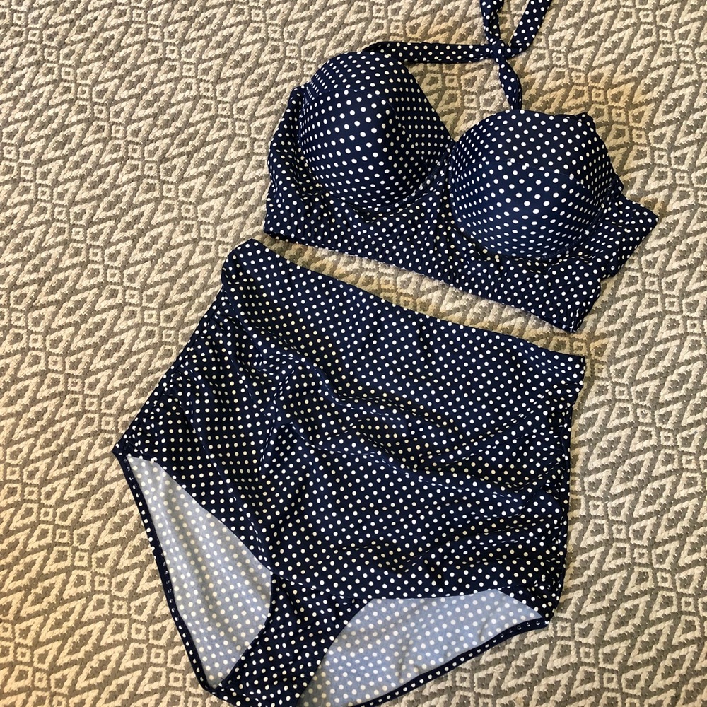 EUC navy and white polka dot high waist bikini